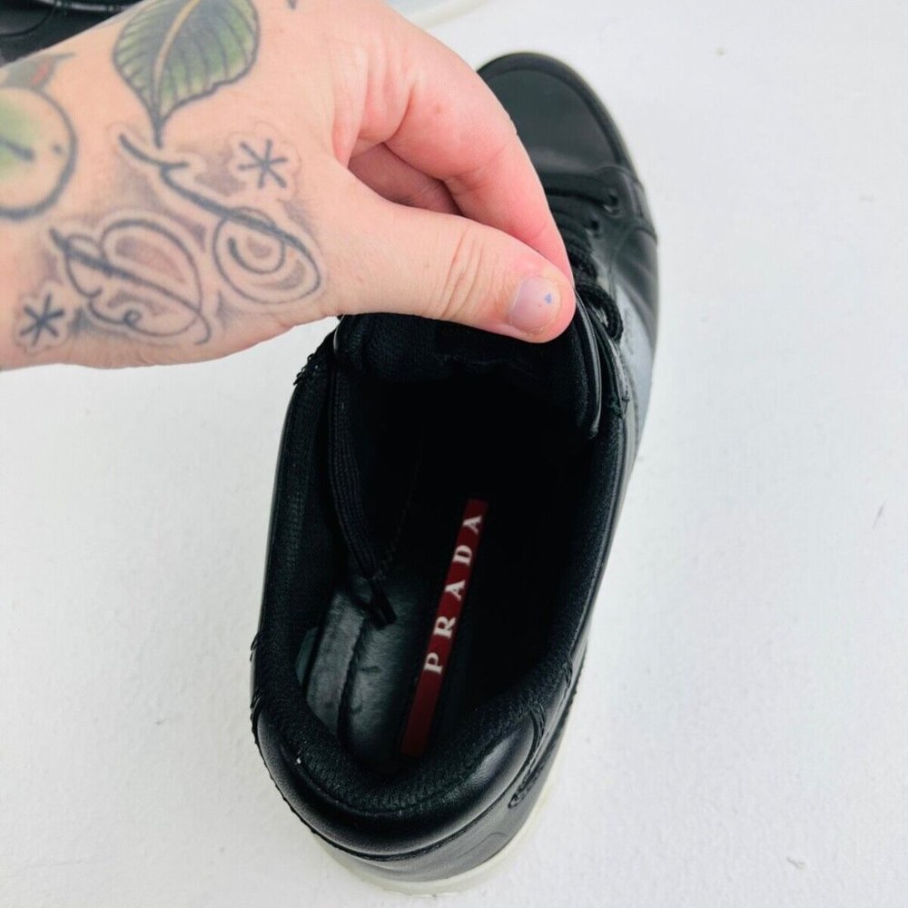 Prada Black Leather Low Top Red Line Logo Chunky Classic Trainers UK 7 - Picture 11 of 12